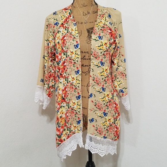 Relipop Tops - Relipop-Kimono •open front•lace/tatting trim-sz.S